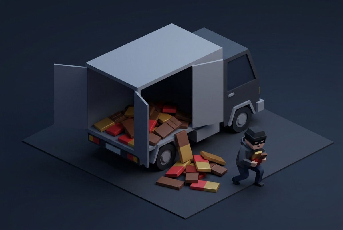 A cartoon cargo truck at night with chocolate bars spilling out and a masked burglar tiptoeing away