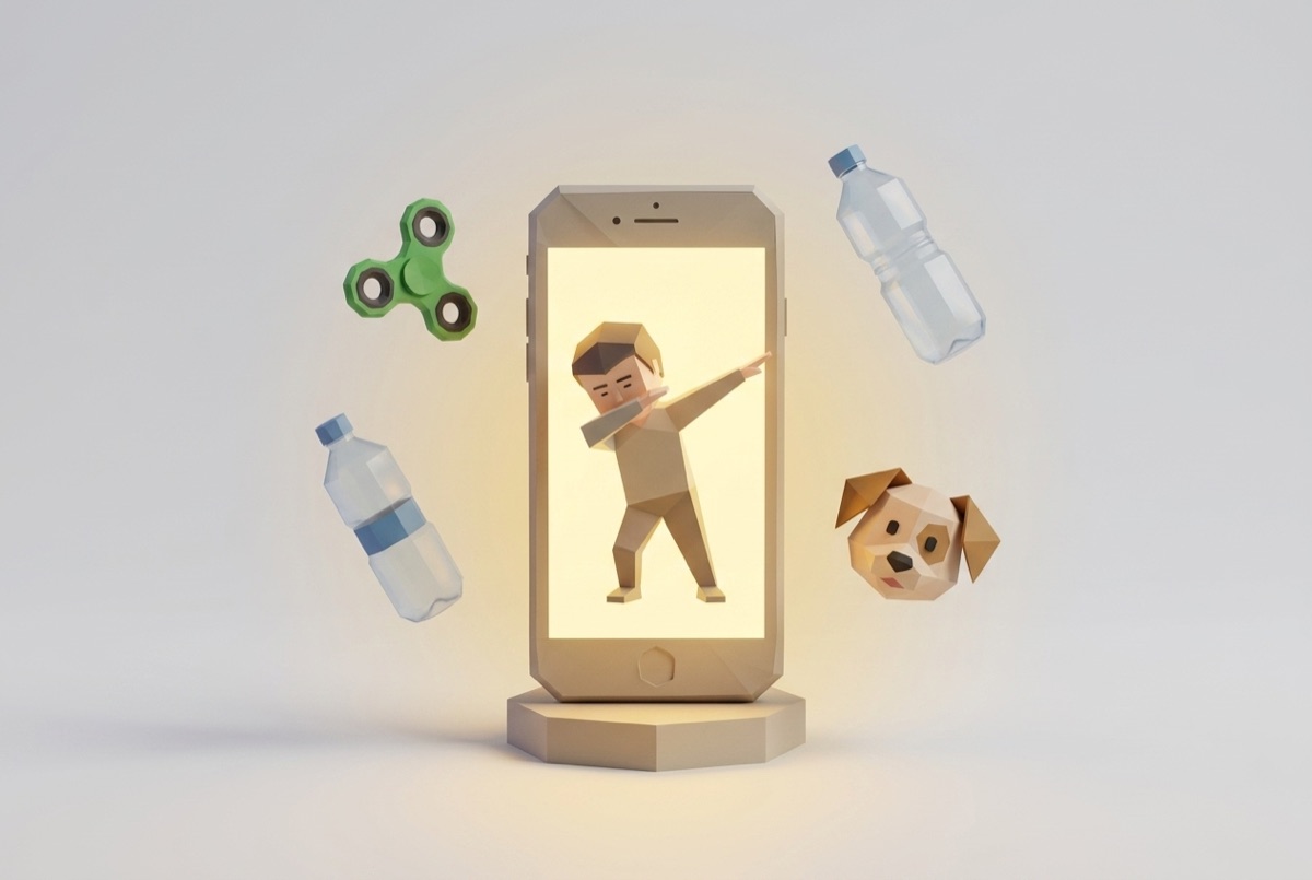A phone showing a figure mid-dab, ringed by a fidget spinner, flipping water bottles, and a dog-filter face — the 2016 starter pack