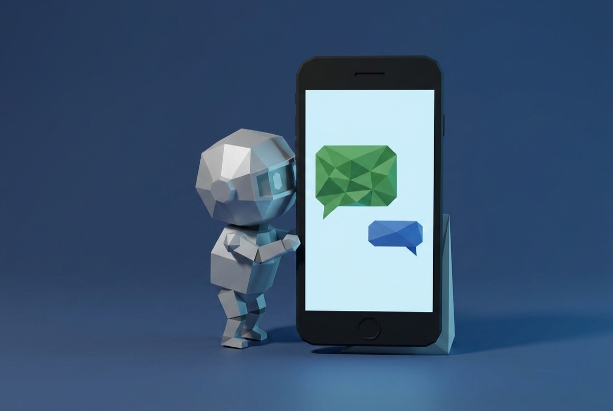 A cartoon AI robot peeking at a phone's chat bubbles — the app quietly reading your private messages